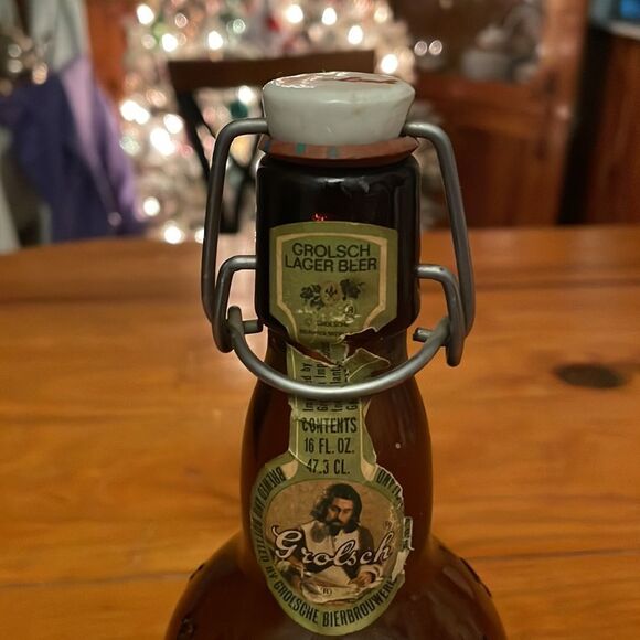 Antique Grolsch amber brown beer bottle w/porcelain flip swing top marked - Picture 2 of 15